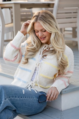 FINAL SALE - Sugar Stripe Tie Ivory Cardigan